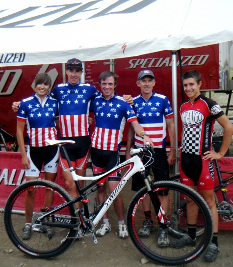 Dang Man! AliciaRose Pastore, Todd Wells, Tad Elliott, Ned Overend and Howard Grotts all pose together for Team Specialized after Todd's super rad cross country Championship Victory