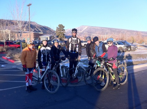 The Durango Devo Crossers, from left, Will, Keenan, Galen, Coach Chad, Emily, Carly and Sierra, minus Kaylee, get ready to head out on a mission into the wild. The team rode up Lions Den and then rode several laps o the FLC practice course. The snow made cornering fun and only half of the team got frostbite. After the sun set the Crossers did one last lap at full speed and rode down Lions Den under the full moon. Super Sweet!